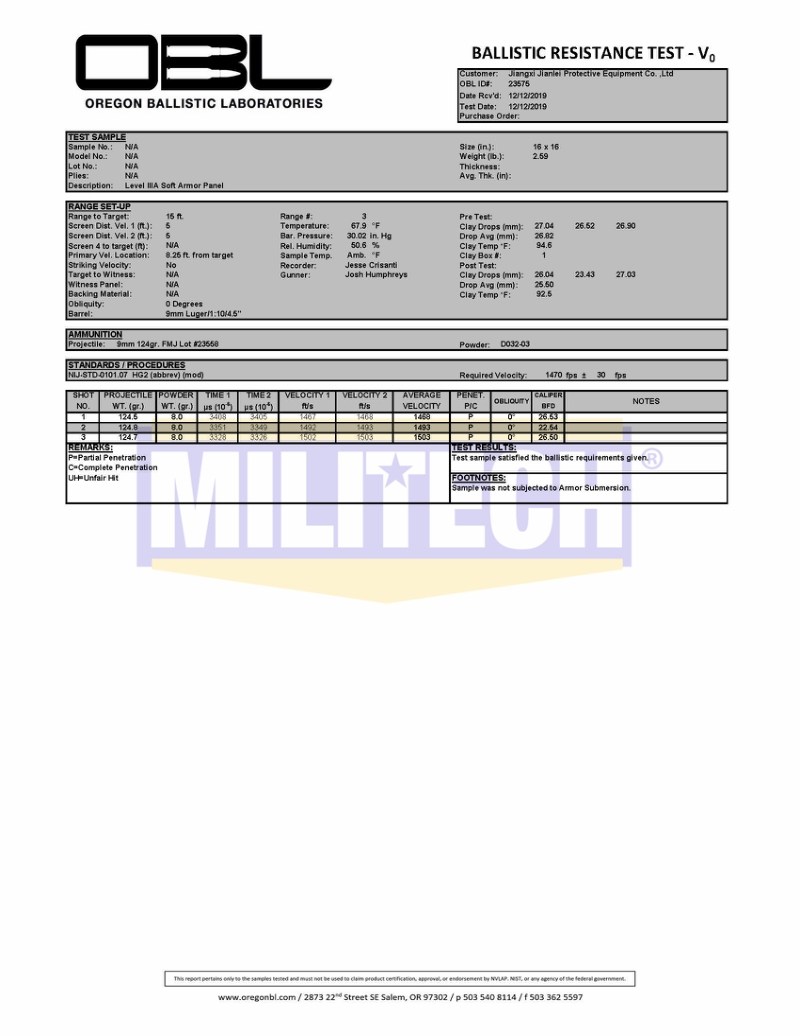 PE Ballistic Plate OBL NIJ 0101.07 HG2 Test Report 6